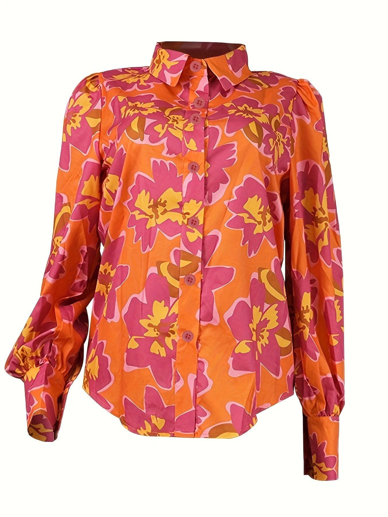 Floral Print Button-Down Shirt with Long Puff Sleeves