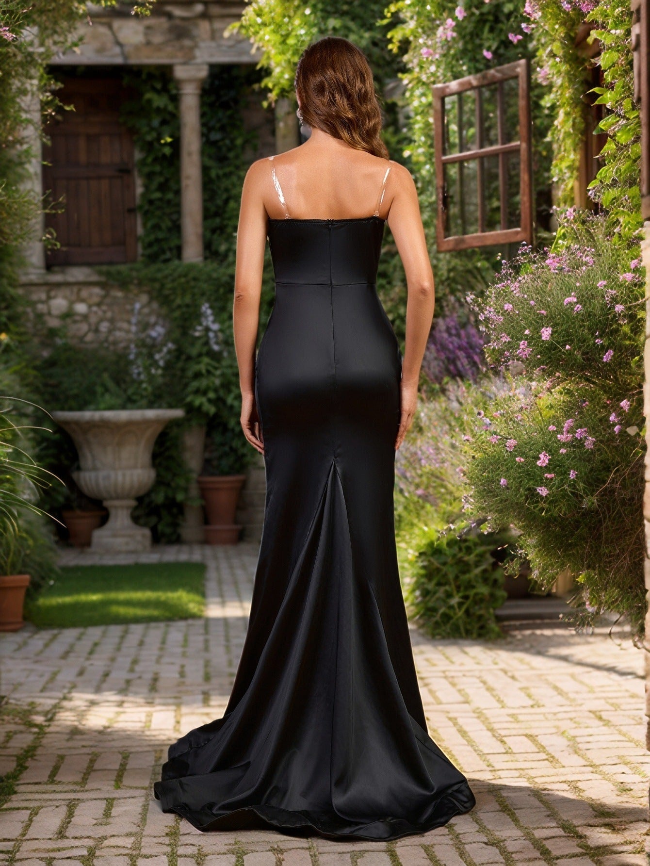 Bodycon Stretch Satin Evening Dress with Ruched Bodice and Slit