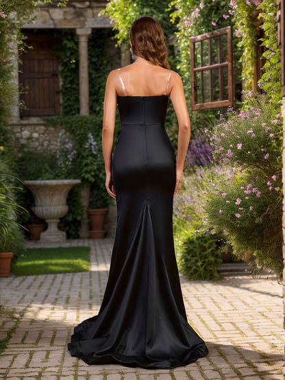 Bodycon Stretch Satin Evening Dress with Ruched Bodice and Slit