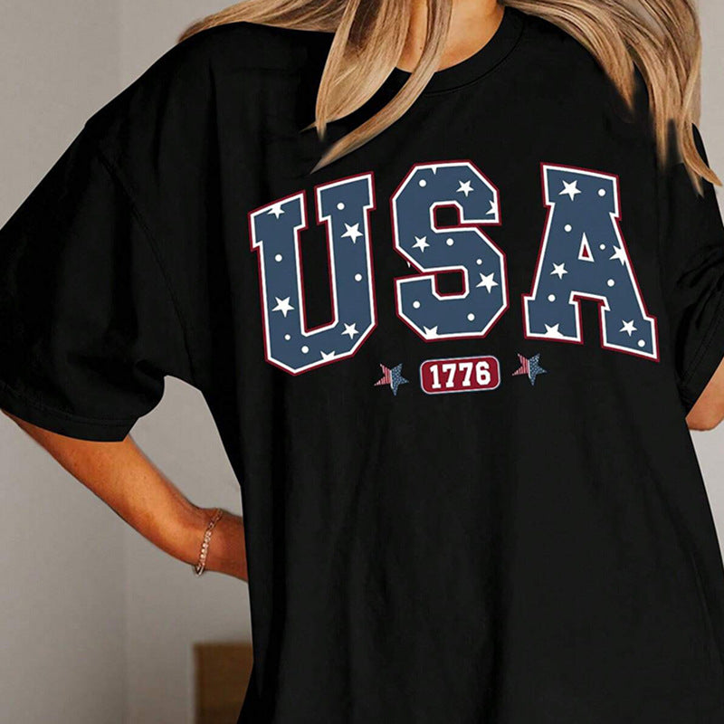 Oversized USA Graphic Print T-Shirt with Elbow Sleeves