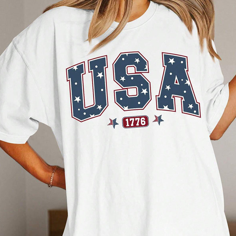 Oversized USA Graphic Print T-Shirt with Elbow Sleeves