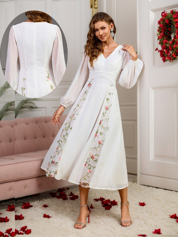 A-Line Midi Dress with Lantern Sleeves and Floral Embroidery