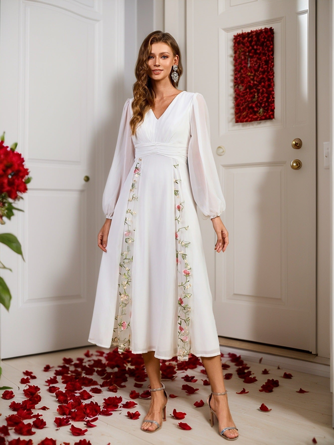 A-Line Midi Dress with Lantern Sleeves and Floral Embroidery