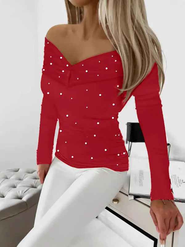 Slim Fit Off-Shoulder Top with Pearl Beading and Long Sleeves