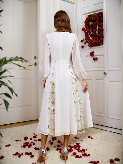 A-Line Midi Dress with Lantern Sleeves and Floral Embroidery