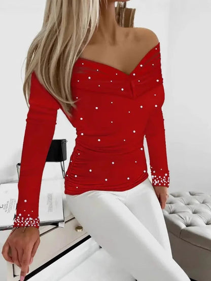 Slim Fit Off-Shoulder Top with Pearl Beading and Long Sleeves