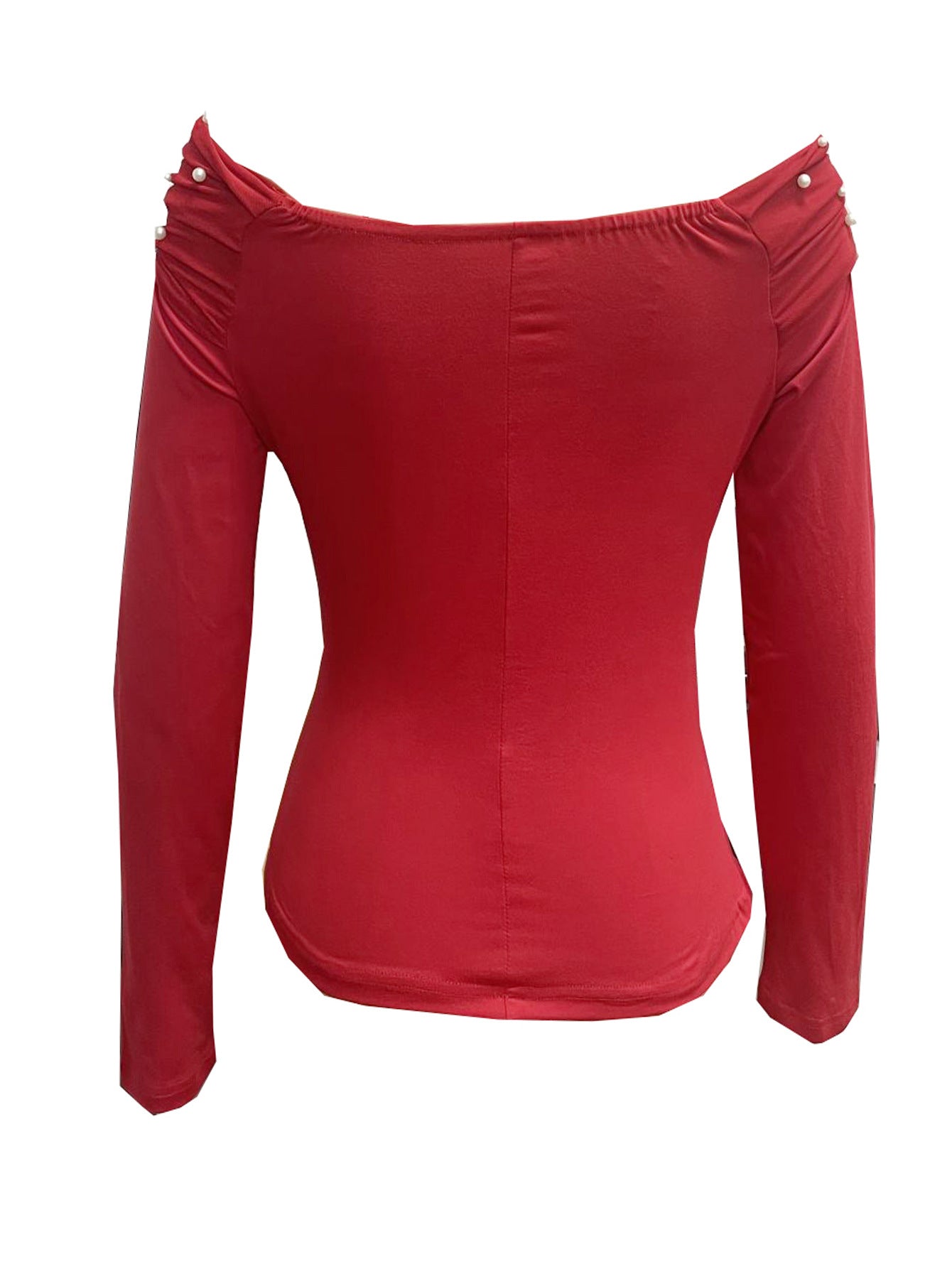 Slim Fit Off-Shoulder Top with Pearl Beading and Long Sleeves