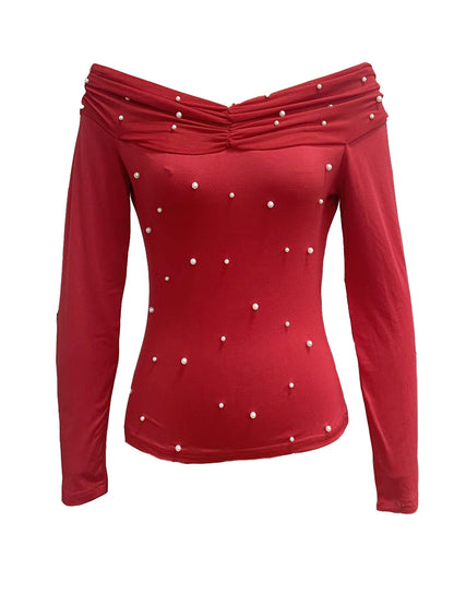 Slim Fit Off-Shoulder Top with Pearl Beading and Long Sleeves