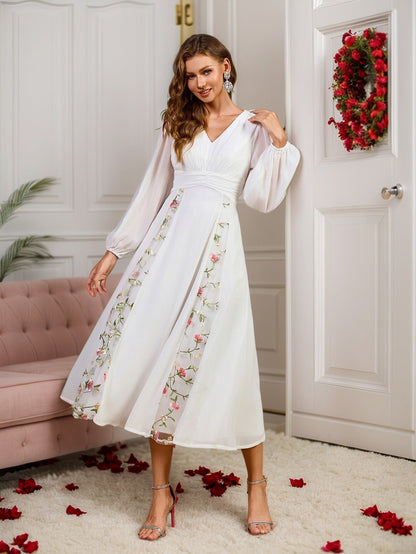 A-Line Midi Dress with Lantern Sleeves and Floral Embroidery