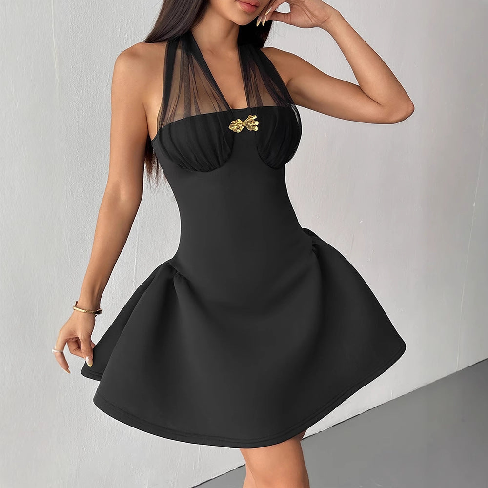 Halter Neck Puff Mini Dress with Sheer Mesh and Gold Bow