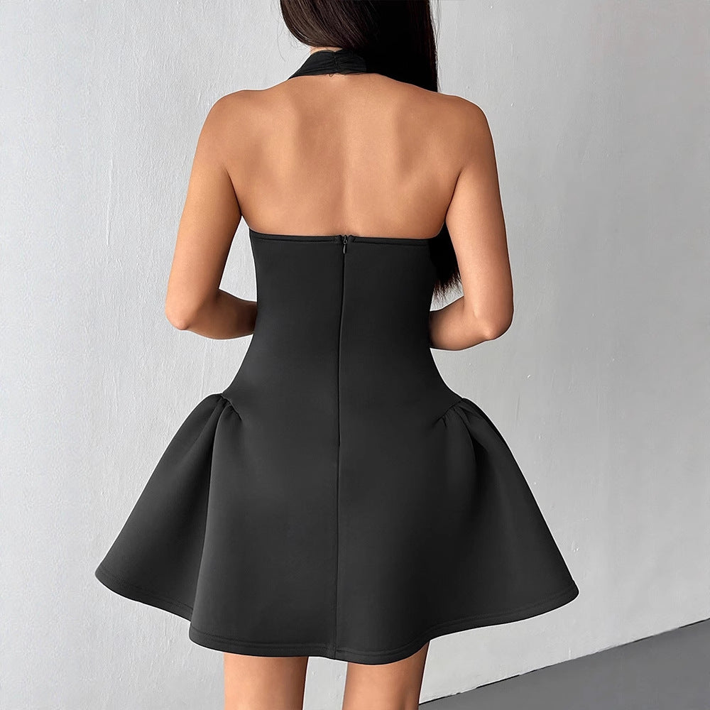 Halter Neck Puff Mini Dress with Sheer Mesh and Gold Bow