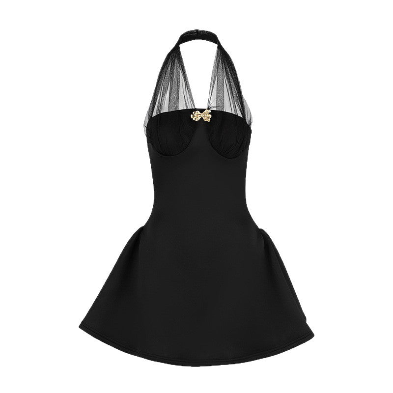 Halter Neck Puff Mini Dress with Sheer Mesh and Gold Bow