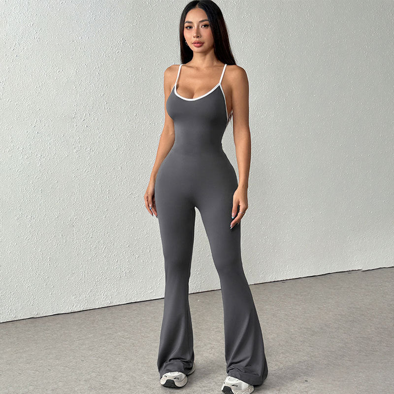 Bodycon Flared Jumpsuit with Backless Detail and Contrast Trim