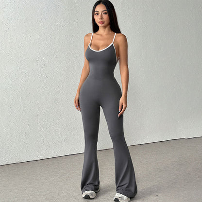 Bodycon Flared Jumpsuit with Backless Detail and Contrast Trim