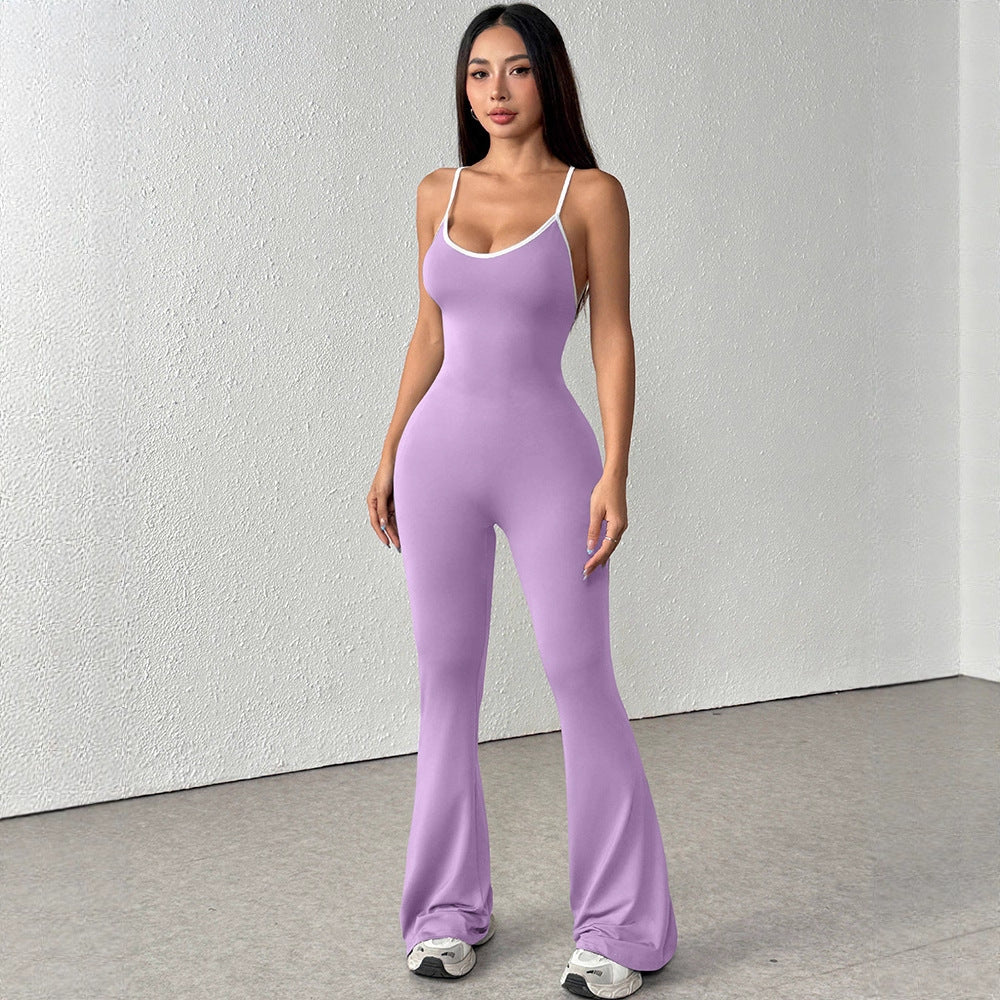Bodycon Flared Jumpsuit with Backless Detail and Contrast Trim