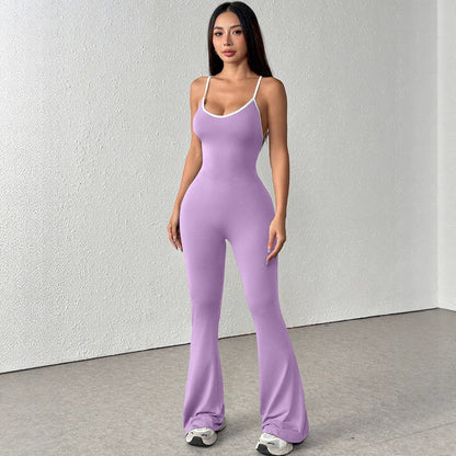 Bodycon Flared Jumpsuit with Backless Detail and Contrast Trim