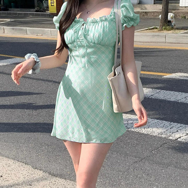 Plaid Mini Dress with Square Neck and Puff Sleeves