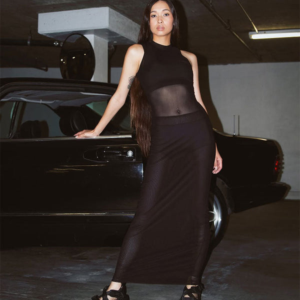 Sleeveless Bodycon Maxi Dress with Sheer Mesh Paneling