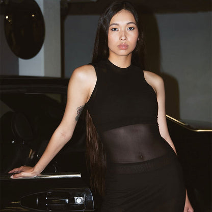 Sleeveless Bodycon Maxi Dress with Sheer Mesh Paneling