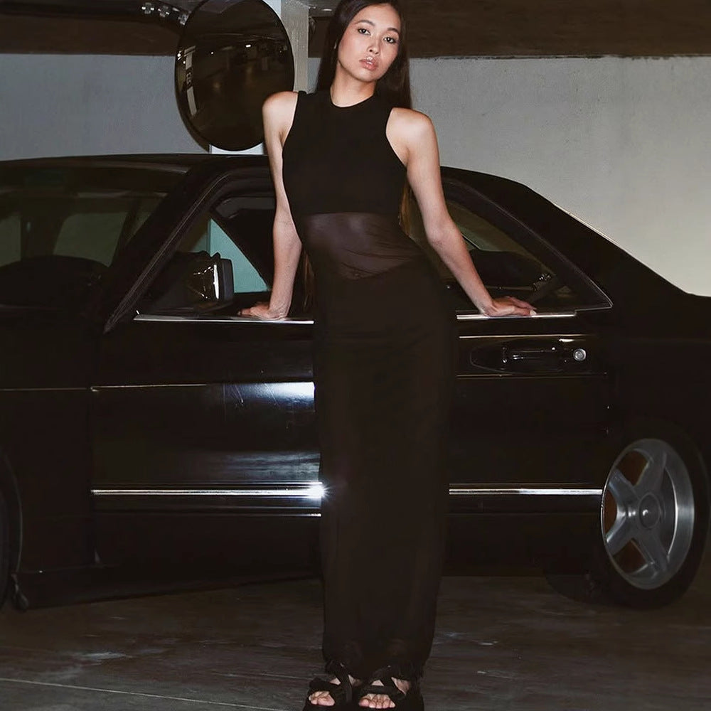 Sleeveless Bodycon Maxi Dress with Sheer Mesh Paneling