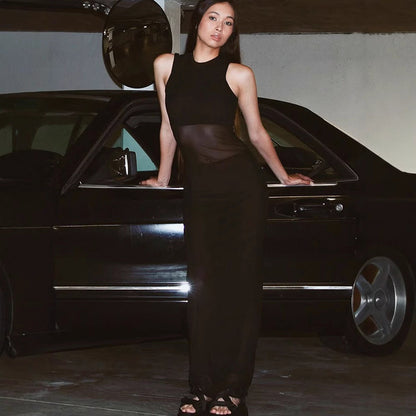 Sleeveless Bodycon Maxi Dress with Sheer Mesh Paneling