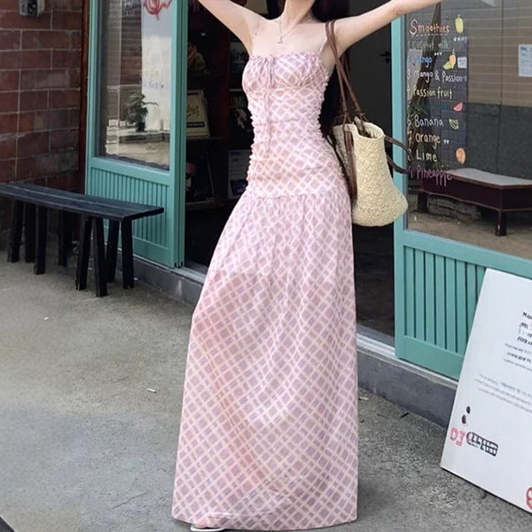 Plaid Maxi Dress with Ruched Bodice and High Waist