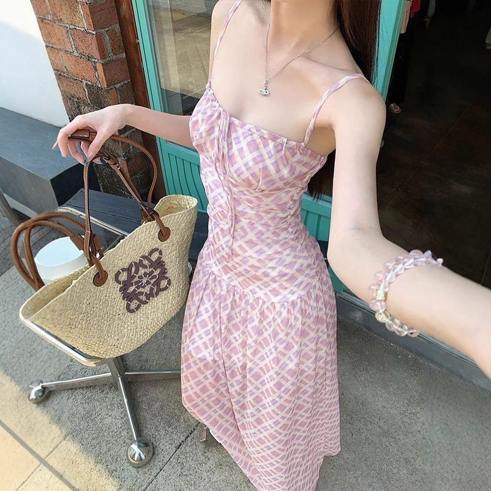 Plaid Maxi Dress with Ruched Bodice and High Waist