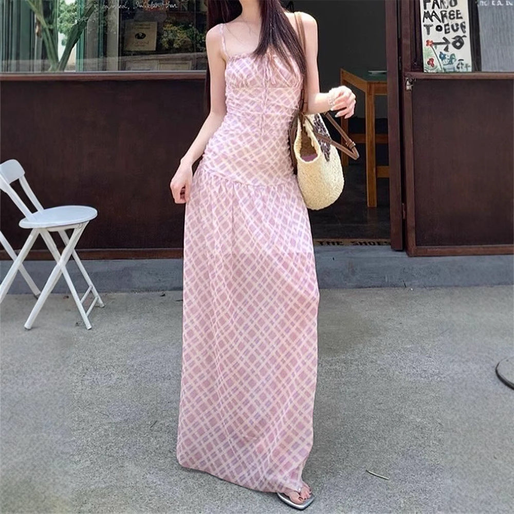 Plaid Maxi Dress with Ruched Bodice and High Waist