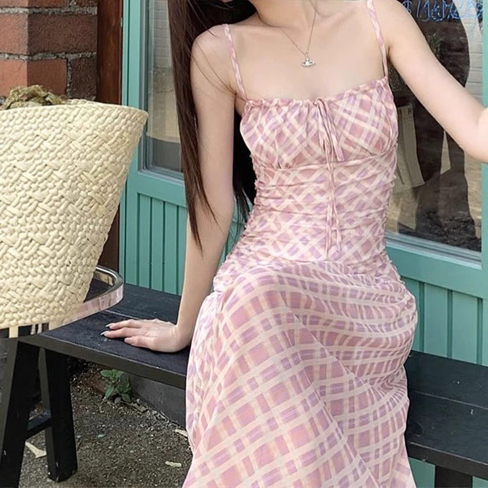 Plaid Maxi Dress with Ruched Bodice and High Waist
