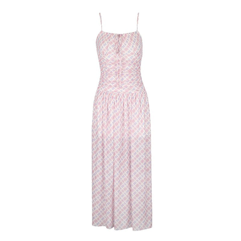 Plaid Maxi Dress with Ruched Bodice and High Waist