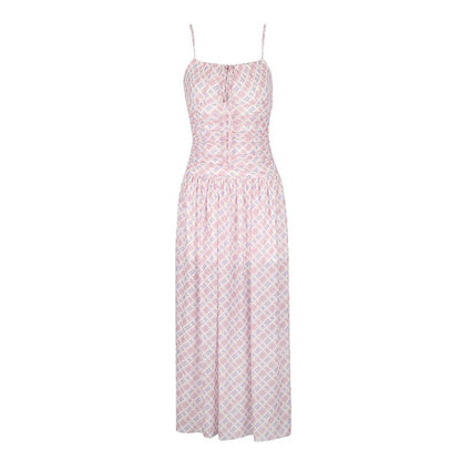 Plaid Maxi Dress with Ruched Bodice and High Waist