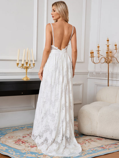 A-Line Lace Maxi Dress with Deep V-Neck and Open Back