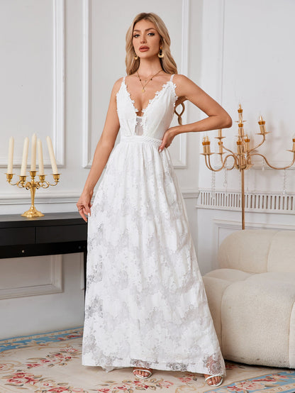 A-Line Lace Maxi Dress with Deep V-Neck and Open Back