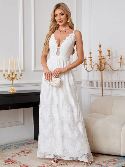A-Line Lace Maxi Dress with Deep V-Neck and Open Back