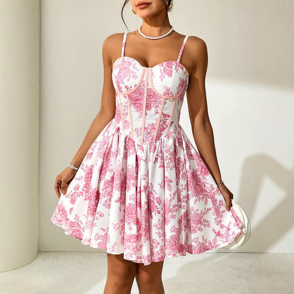Floral Print A-Line Dress with Corset Bodice