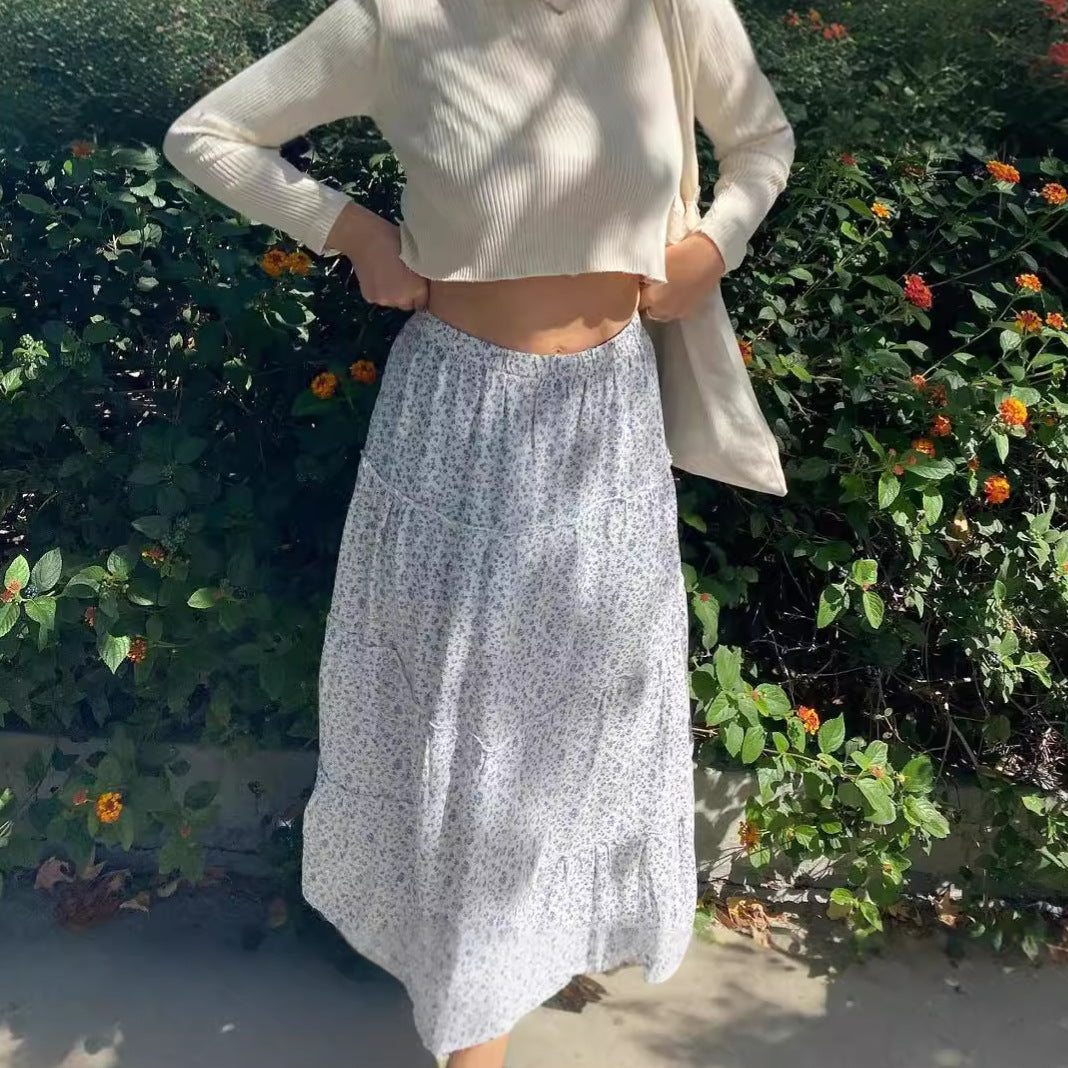 A-Line Floral Tiered Midi Skirt with High Waist