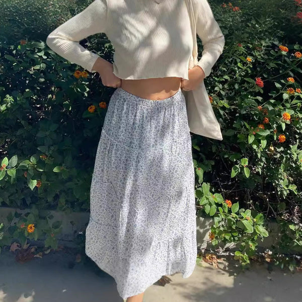 A-Line Floral Tiered Midi Skirt with High Waist