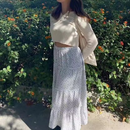 A-Line Floral Tiered Midi Skirt with High Waist
