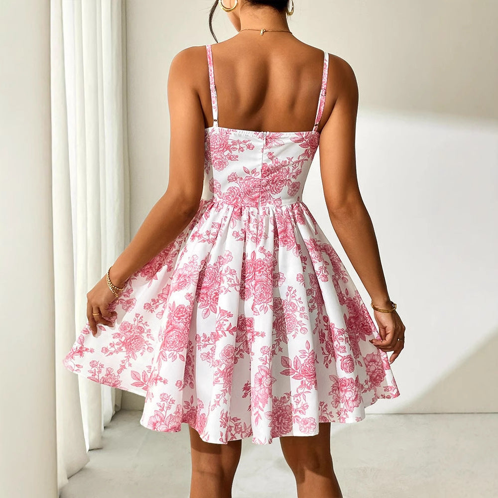 Floral Print A-Line Dress with Corset Bodice
