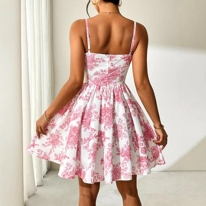 Floral Print A-Line Dress with Corset Bodice