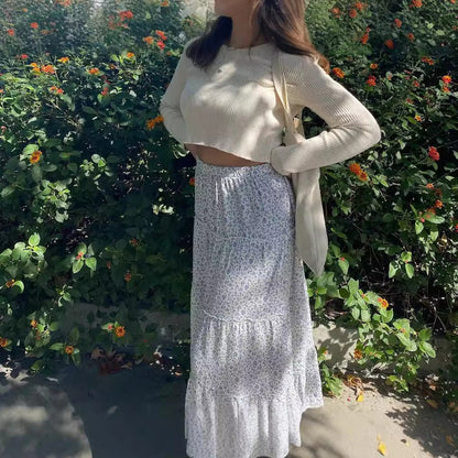 A-Line Floral Tiered Midi Skirt with High Waist