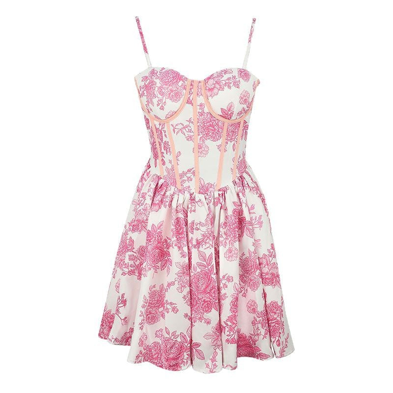 Floral Print A-Line Dress with Corset Bodice