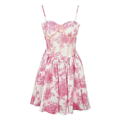 Floral Print A-Line Dress with Corset Bodice