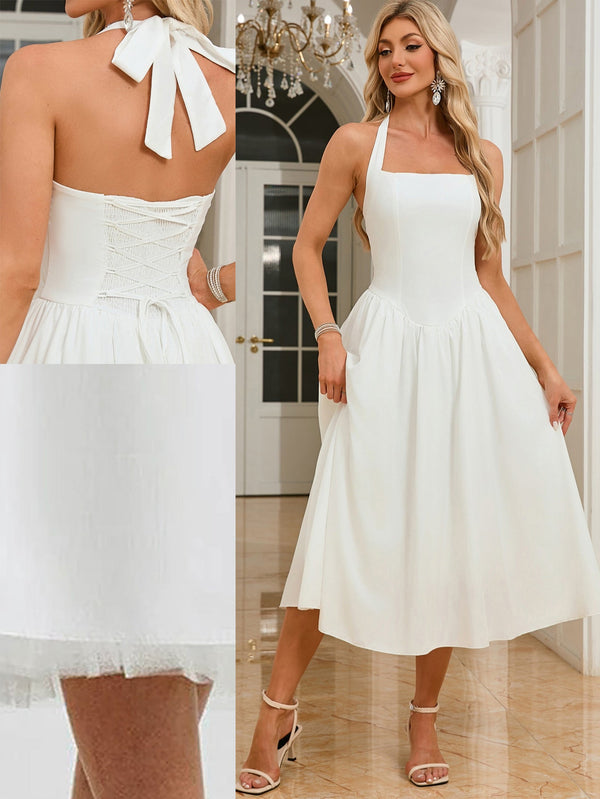 A-Line Halter Midi Dress with Lace-Up Back and Mesh Skirt