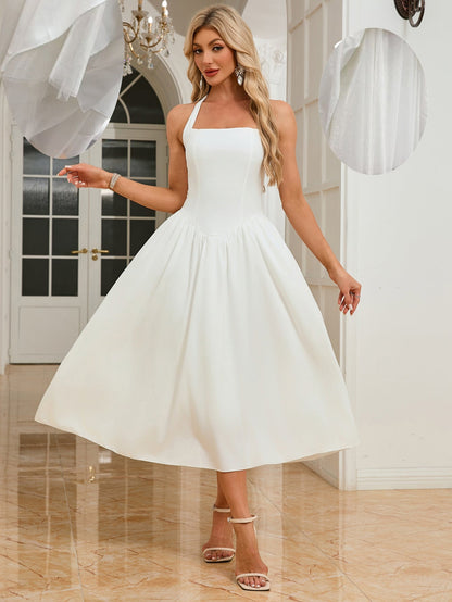 A-Line Halter Midi Dress with Lace-Up Back and Mesh Skirt