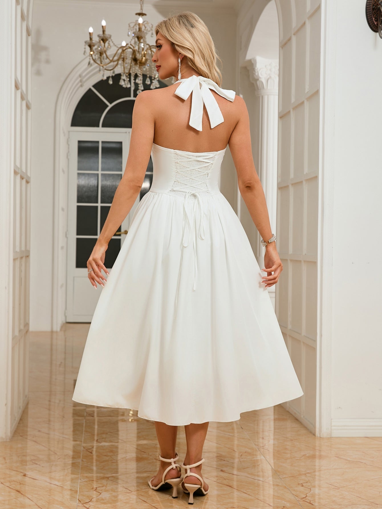 A-Line Halter Midi Dress with Lace-Up Back and Mesh Skirt