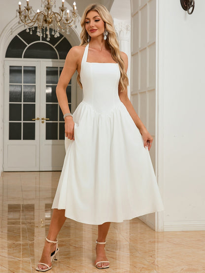 A-Line Halter Midi Dress with Lace-Up Back and Mesh Skirt