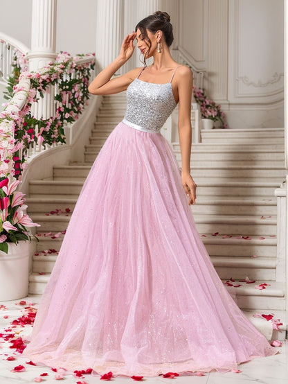 A-Line Maxi Dress with Sequined Bodice and Backless Detail