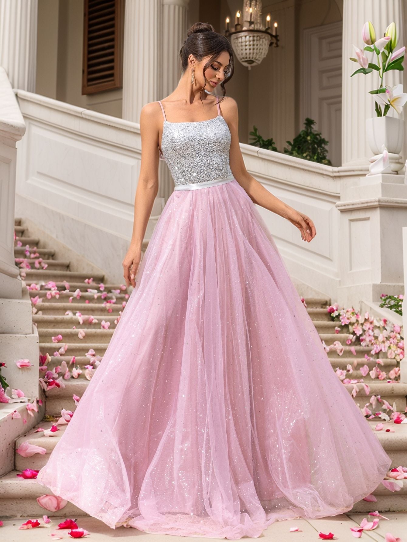 A-Line Maxi Dress with Sequined Bodice and Backless Detail