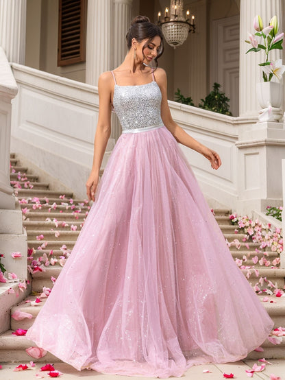 A-Line Maxi Dress with Sequined Bodice and Backless Detail
